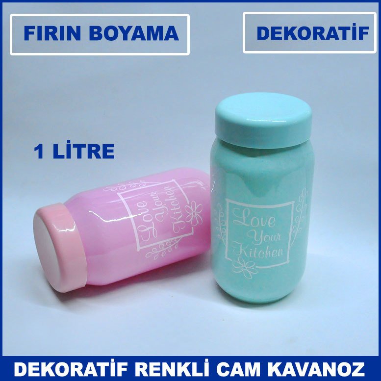 2'li Takım Dış Yüzeyi Fırın Boyama Dekoratif Baskılı 1 lt Cam Kavanoz - Saklama Kabı - Baharatlık