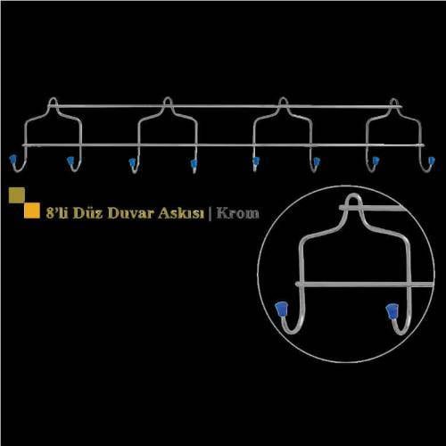 8 Kancalı Düz Duvar Askılığı 53cm Uzunluğunda Büyük Boy Metal Eşya Taşıyıcı Askılık