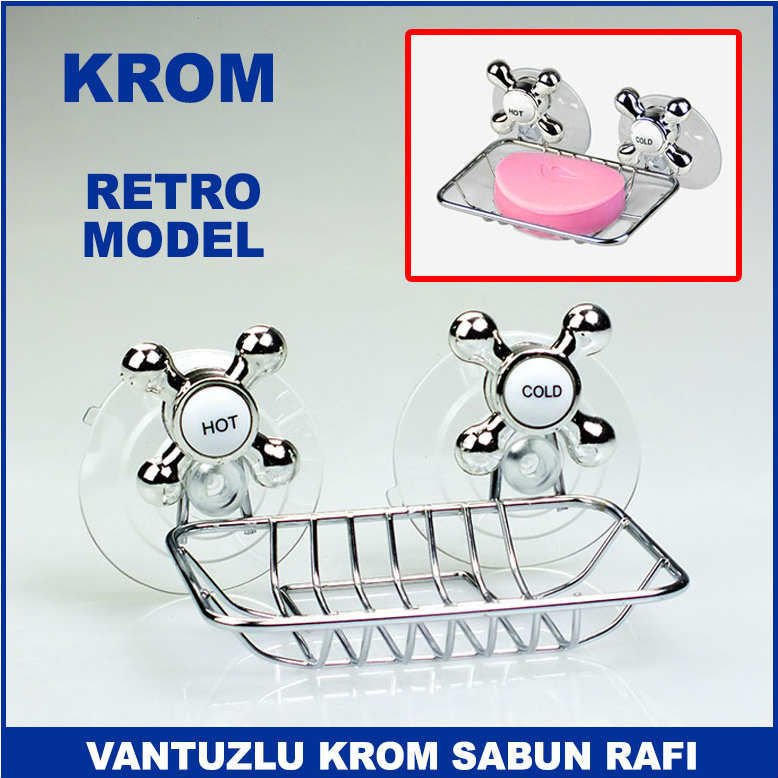 Çelik Üzeri Krom Kaplama Retro Musluk Başı Modeli Vantuzlu Sabun Rafı - Vakumlu Sabunluk - Süngerlik