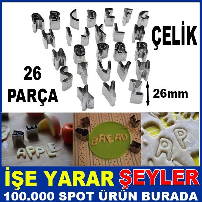 ÜCRETSİZ KARGO 26 HARFLİ PASLANMAZ ÇELİK ALFABE KURABİYE KALIBI