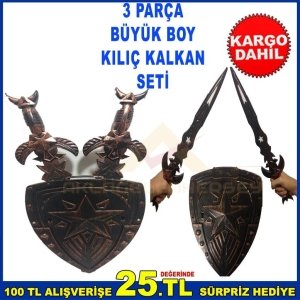 3 PARÇA BÜYÜK BOY KILIÇ KALKAN SETİ 2 KILIÇ 1 KALKAN