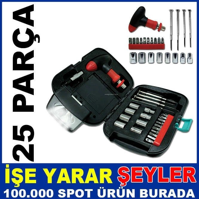 FENERLİ TAMİR ALET EDEVAT SETİ 25 PARÇA LOKMA TORNAVİDA SETİ PİLLİ IŞIKLI ÖZEL TAKIM ÇANTASI SETİ