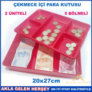 KASA İÇİ KULLANIŞLI PARA KUTUSU 20x27cm ÇİFT ÜNİTELİ 5 BÖLME ÇEKMECE İÇİ BOZUK ve KAĞIT PARA KUTUSU