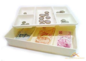 KASA İÇİ KULLANIŞLI PARA KUTUSU 20x27cm ÇİFT ÜNİTELİ 5 BÖLME ÇEKMECE İÇİ BOZUK ve KAĞIT PARA KUTUSU