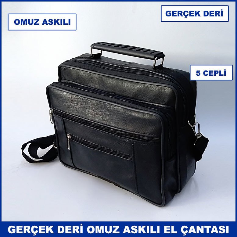 Hakiki Deriden Üretilmiş Omuz Askılı 5 Cepli Büyük Boy Erkek El Çantası - Yatay Model