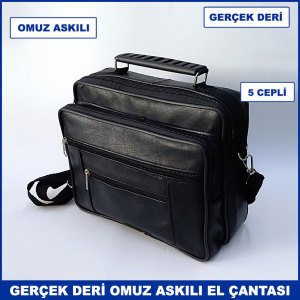 Hakiki Deriden Üretilmiş Omuz Askılı 5 Cepli Büyük Boy Erkek El Çantası - Yatay Model