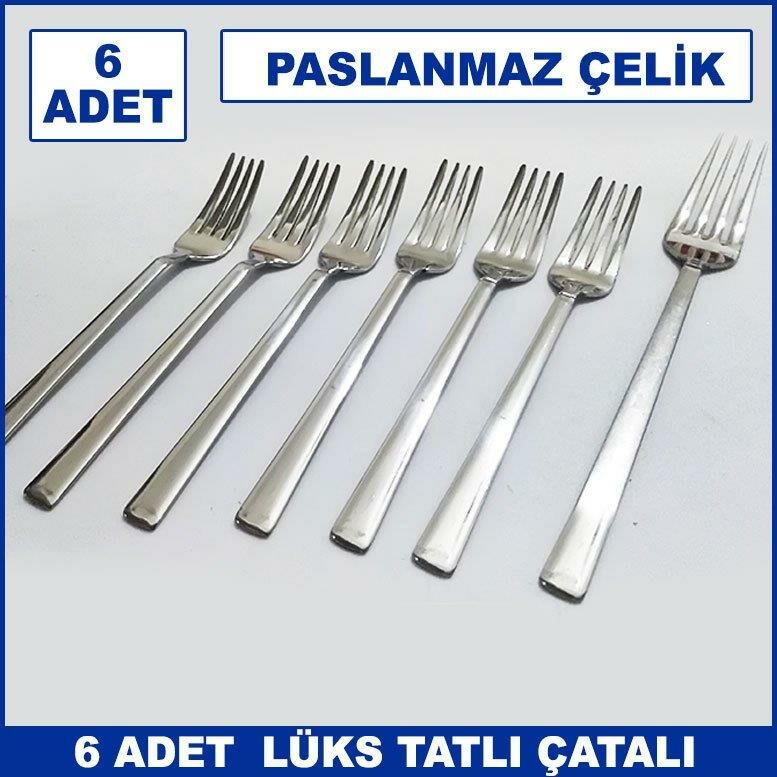 6 Adet Lüks Düz Sade Model Paslanmaz Çelik Rostfrei Tatlı Çatalı Seti