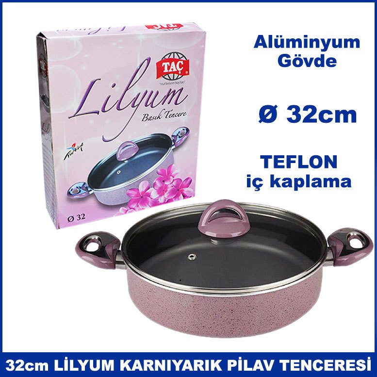 Taç  Lilyum 32cm Cam Kapaklı Karnıyarık Pilav Tenceresi - Alüminyum Gövde - Teflon İç Kaplama