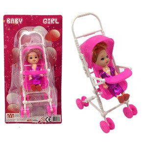 Mini Bebekli Puset Oyuncak Bebek Arabası Plastik 17x9cm Kız Çocuk Oyuncakları