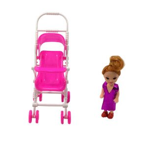 Mini Bebekli Puset Oyuncak Bebek Arabası Plastik 17x9cm Kız Çocuk Oyuncakları
