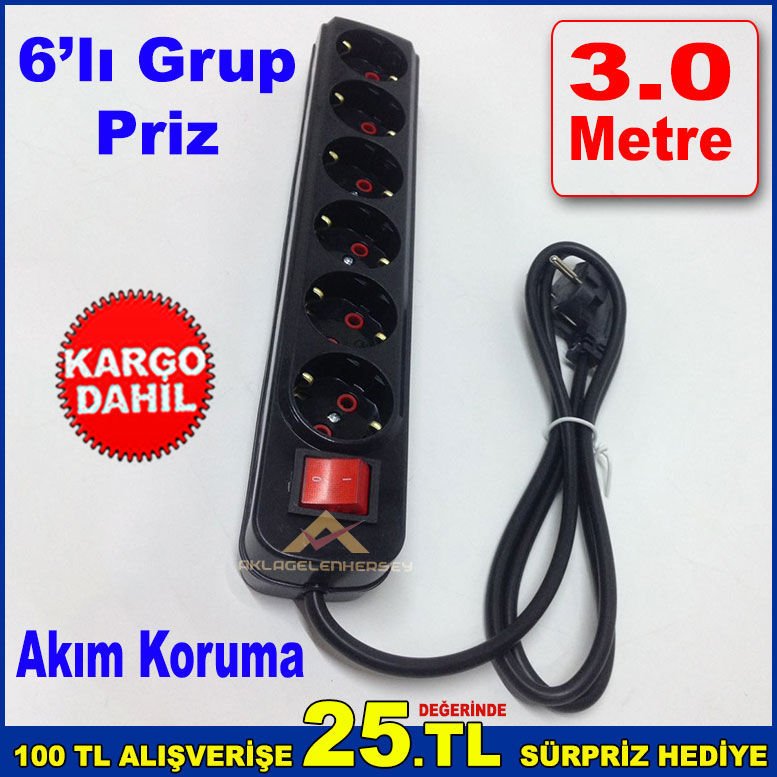 As Grup Akım Korumalı 6'lı Priz 3 Metre Kablo Uzunluğuna Sahip Anahtarlı 6'lı Grup Priz Siyah