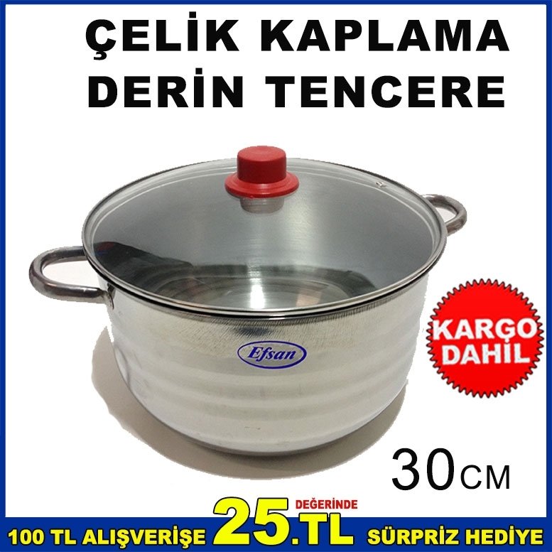 30cm PASLANMAZ ÇELİK CAM KAPAKLI DERİN TENCERE