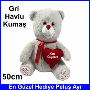 Kalp Tutan Sevimli Gri Peluş Ayı - Sevgiliye Özel Hediyelik 50cm