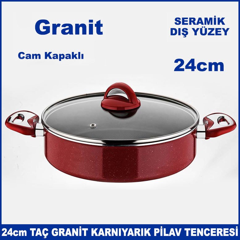 Seramik Dış Yüzey 24cm Cam Kapaklı Taç Granit Karnıyarık Pilav Tenceresi - Sağlıklı Tencere