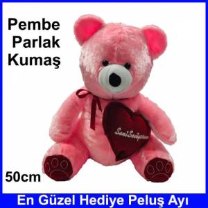 Kalp Tutan Sevimli Pembe Peluş Ayı - Sevgiliye Hediyelik 50cm