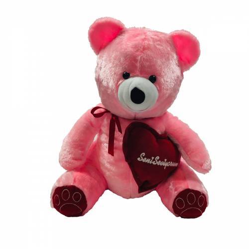 Kalp Tutan Sevimli Pembe Peluş Ayı - Sevgiliye Hediyelik 50cm