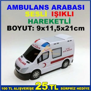 SESLİ IŞIKLI HAREKETLİ ÇOCUK AMBULANS OYUNCAK ARABA 21cm