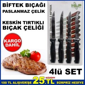 4lü SET PASLANMAZ ÇELİK KESKİN TIRTIKLI BİFTEK STEAK BIÇAĞI