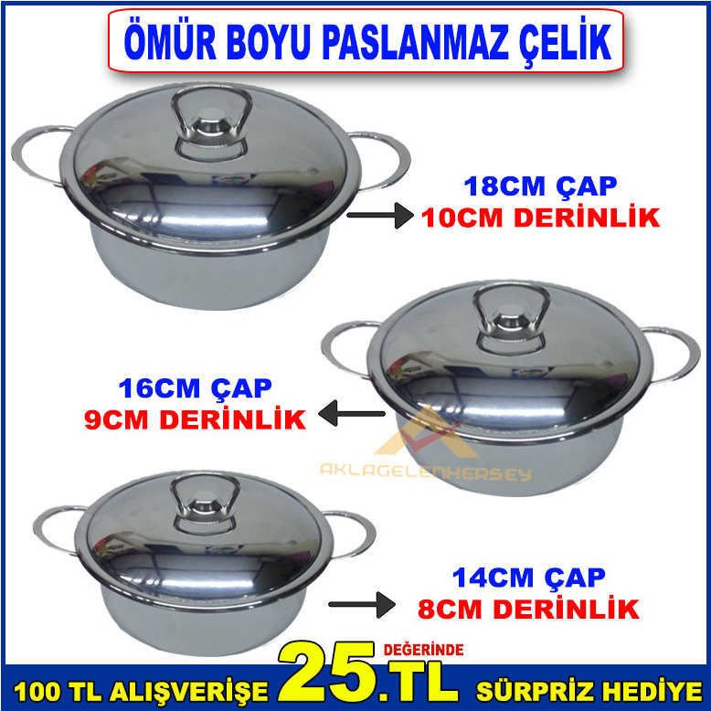 ÖMÜR BOYU GARANTİLİ ÇELİK TENCERE SETİ 3lü ÇELİK GÜVEÇ TENCERELER