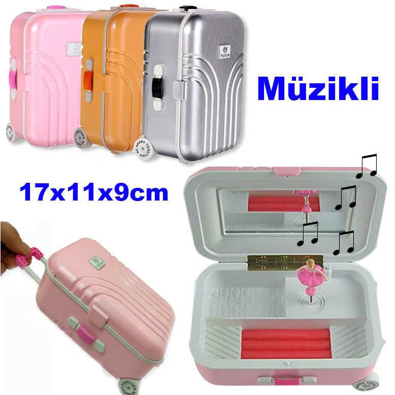 Renkli BavuI Tasarımlı Tekerlekli Müzik ve Takı Kutusu Şık Tasarım Bavul Tipi Seyahat Çantası