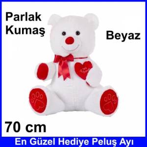 Kalp Tutan Sevimli Beyaz Peluş Ayı - Sevgiliye Hediyelik 70cm
