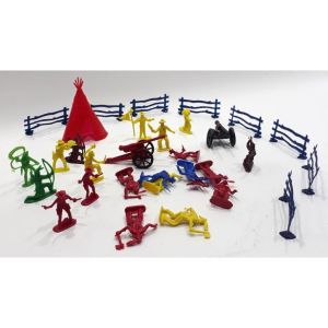 31 Parça Küçük Farklı Renkte Kaliteli Plastikten Kovboy Figür Seti Çitler, Top ve Kabile Çadırıyla