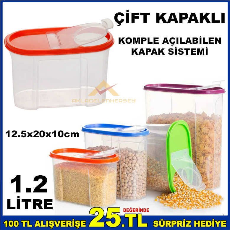 En sağlıklı ve hijyenik şeffaf gıda saklama kabı 1.2 LİTRE ÇİFT KAPAKLI KİLER SAKLAMA ERZAK KUTUSU