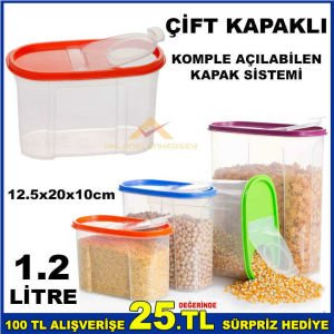 En sağlıklı ve hijyenik şeffaf gıda saklama kabı 1.2 LİTRE ÇİFT KAPAKLI KİLER SAKLAMA ERZAK KUTUSU