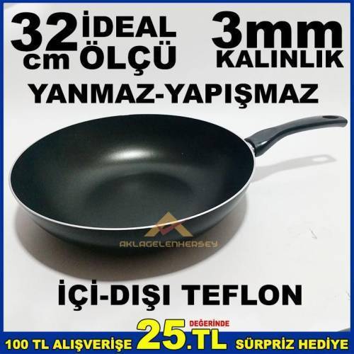 İç Ve Dış Yüzeyi Teflon Kaplama 32cm Wok Tava