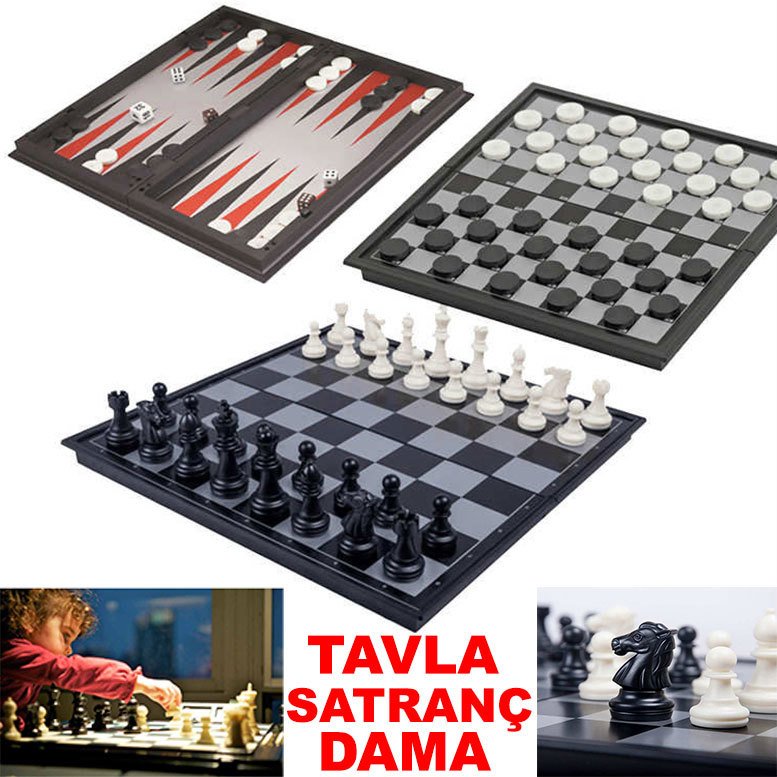 Magnetic 3'lü Büyük Tavla Satranç Dama Seti 3in1 Oyun Seti Sert Plastik