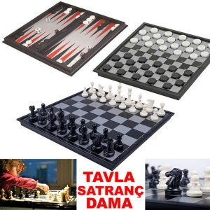 Magnetic 3'lü Büyük Tavla Satranç Dama Seti 3in1 Oyun Seti Sert Plastik