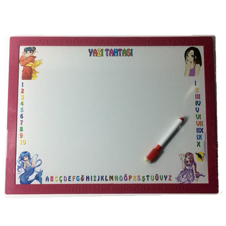 Eğitici Öğretici Çocuklar İçin Pembe Renk Çizgi Film Figürlü Çift Taraflı Dikdörtgen Yazı Tahtası
