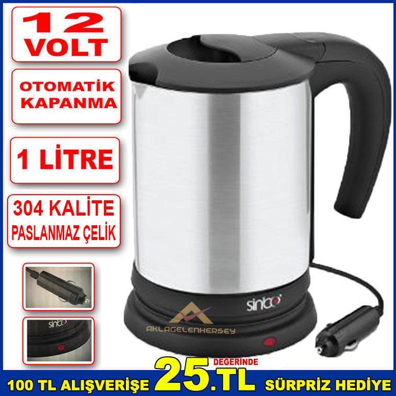 Paslanmaz Çelik Gizli Rezistanslı Araç İçi Kettle 1 Litre Çakmaklık Girişli Otomatik Su Isıtıcı