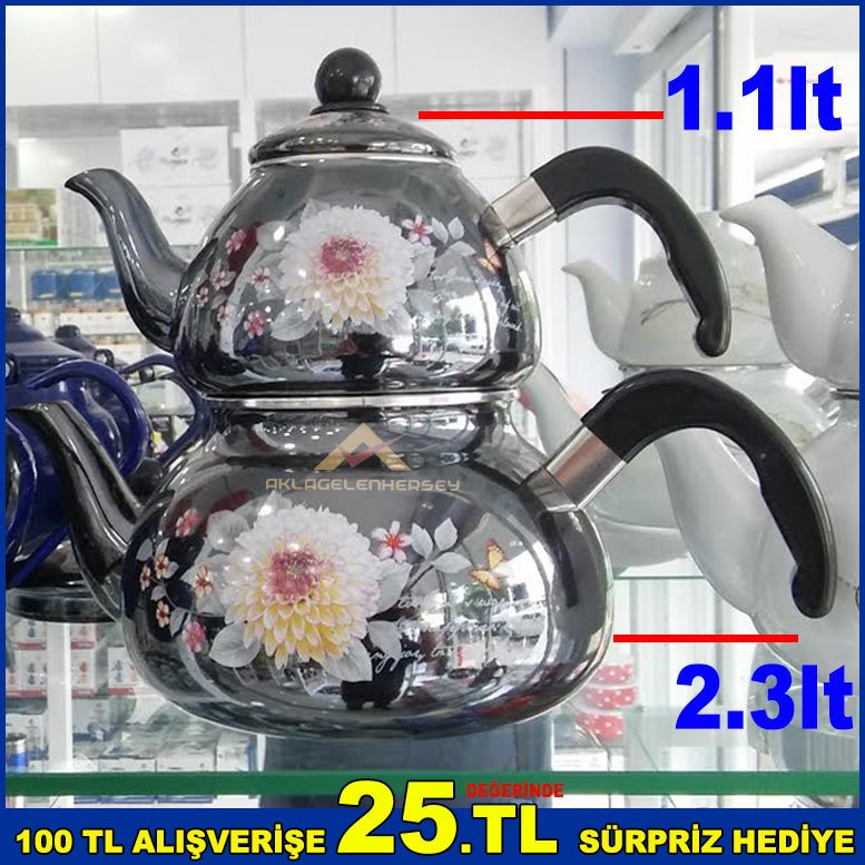 Lüks Platin Emaye Çaydanlık Seti Şık Tasarım 1.Kalite Desenli Emaye Alt,Üst Çaydanlık Seti