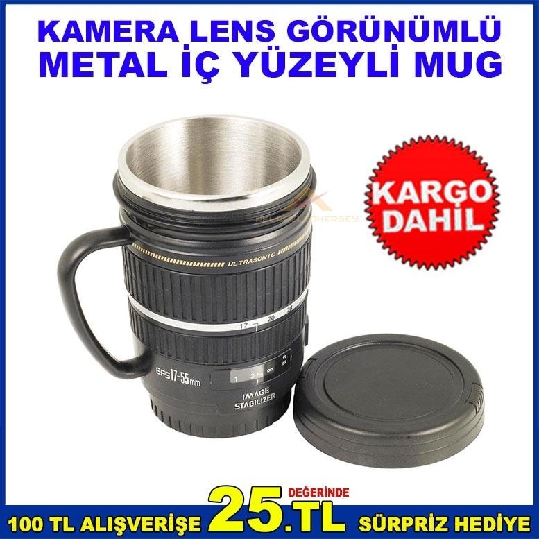 KAMERA LENS GÖRÜNÜMLÜ METAL İÇ YÜZEYLİ KAPAKLI MUG LENS 17-55 MM