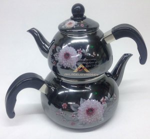 Lüks Platin Emaye Çaydanlık Seti Şık Tasarım 1.Kalite Desenli Emaye Alt,Üst Çaydanlık Seti