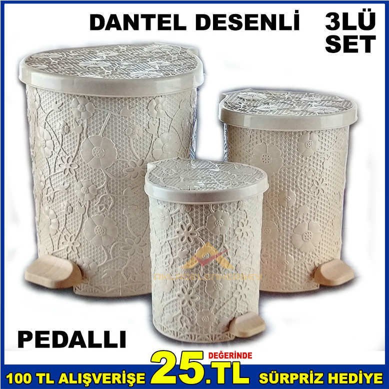 3lü PEDALLI DANTEL DESENLİ ÇÖP KOVASI SETİ