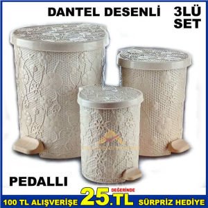 3lü PEDALLI DANTEL DESENLİ ÇÖP KOVASI SETİ
