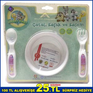 Tweety Orjinal Lisanslı Kase ve Çatal Kaşık Mama Seti Şık Tasarım Looney Tunes Çatal Kaşık ve Kasem