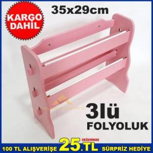 Şık Ve Kullanışlı 3 Katlı Set Üstü Ahşap Folyoluk Streçlik Kağıt Havluluk Duvara Monte Pembe