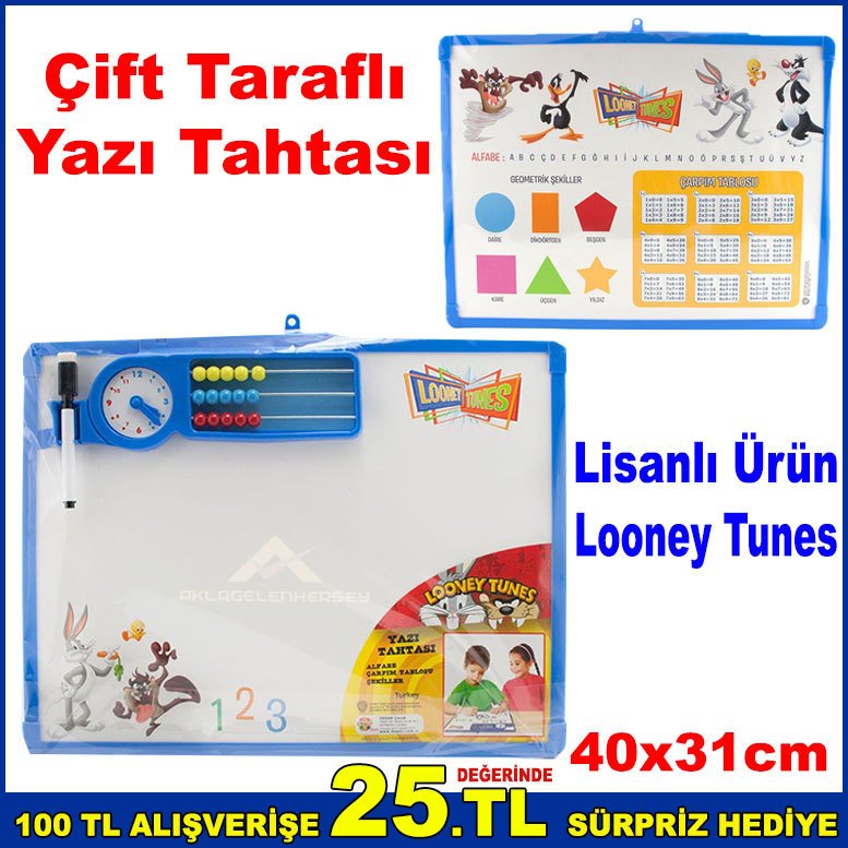 Lisanlı Looney Tunes Çift Taraflı Yazı Tahtası 40x31cm Ebatında Eğitici,Öğretici Yazı Tahtası