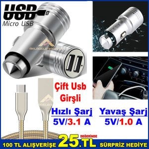 Hızlı 5V/3.1A-1.0A Metal Araç İçi Çakmaklık Girişli Şarj Aleti
