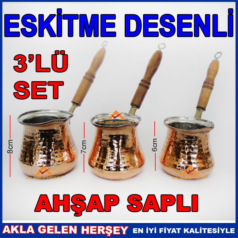 ESKİTME DESENLİ AHŞAP SAPLI 3lü BAKIR CEZVE SETİ