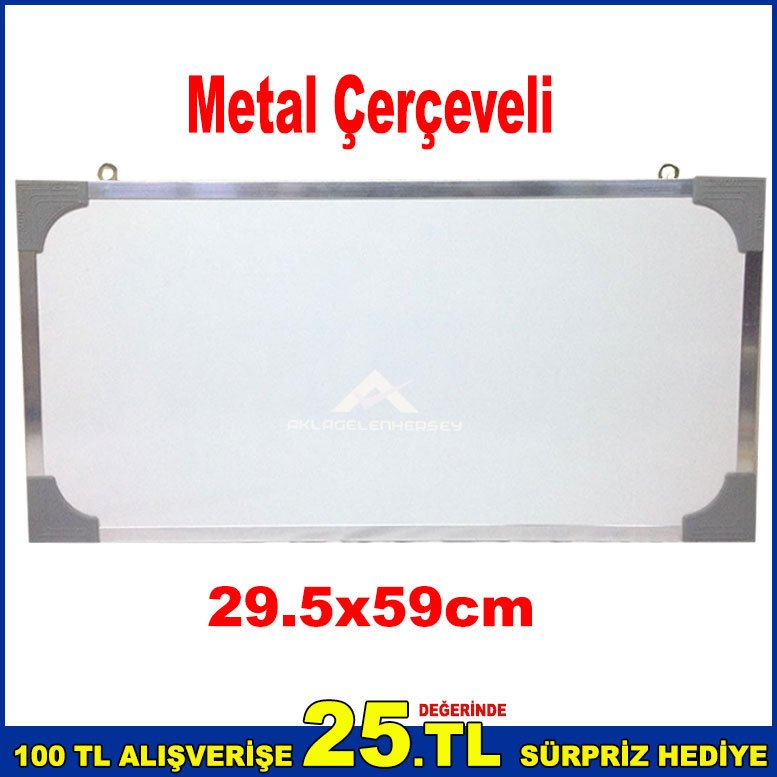 Metal Çerçeveli Yazı Tahtası 29.5x59cm Ebatında Duvara Asılabilir Beyaz Laminant Yazı Tahtası