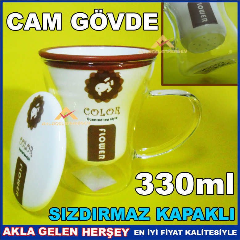 PORSELEN SÜZGEÇLİ CAM GÖVDELİ BİTKİ ÇAYI KUPASI