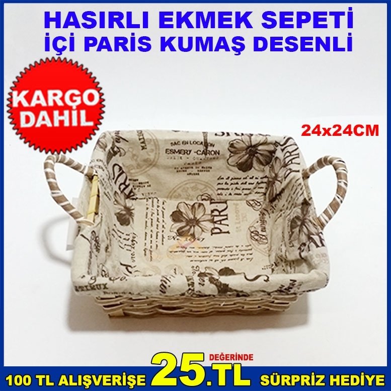 HASIR EKMEK SEPETİ İÇİ PARİS DESENİ KUMAŞ İLE KAPLI 24 x 24 CM
