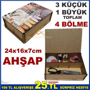 TABLO DESEN KAPAK 4 BÖLME DİKİŞ NAKIŞ İĞNE İPLİK ORGANİZE ŞIK AHŞAP SAKLAMA KUTUSU