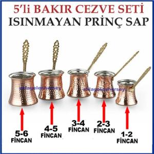 5'li SET ISINMAYAN PRİNÇ SAPLI %100 BAKIR CEZVE SETİ,KÜÇÜKTEN BÜYÜĞE 5 ADET BAKIR KAHVE CEZVESİ