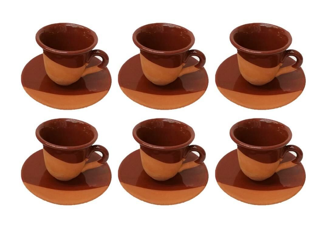 Natural Toprak Organik  Türk Kahve Fincan Seti Yarı Sırlı Desenli Tabak 6  cm Kahverengi