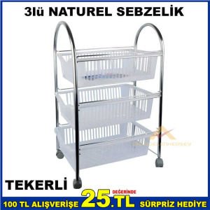 3 KATLI NATUREL MODEL TEKERLİ PRATİK SEBZELİK